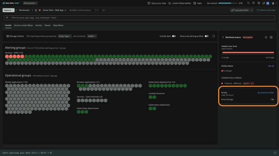 New Relic One Explorer view with workload status in righthand pane emphasized.